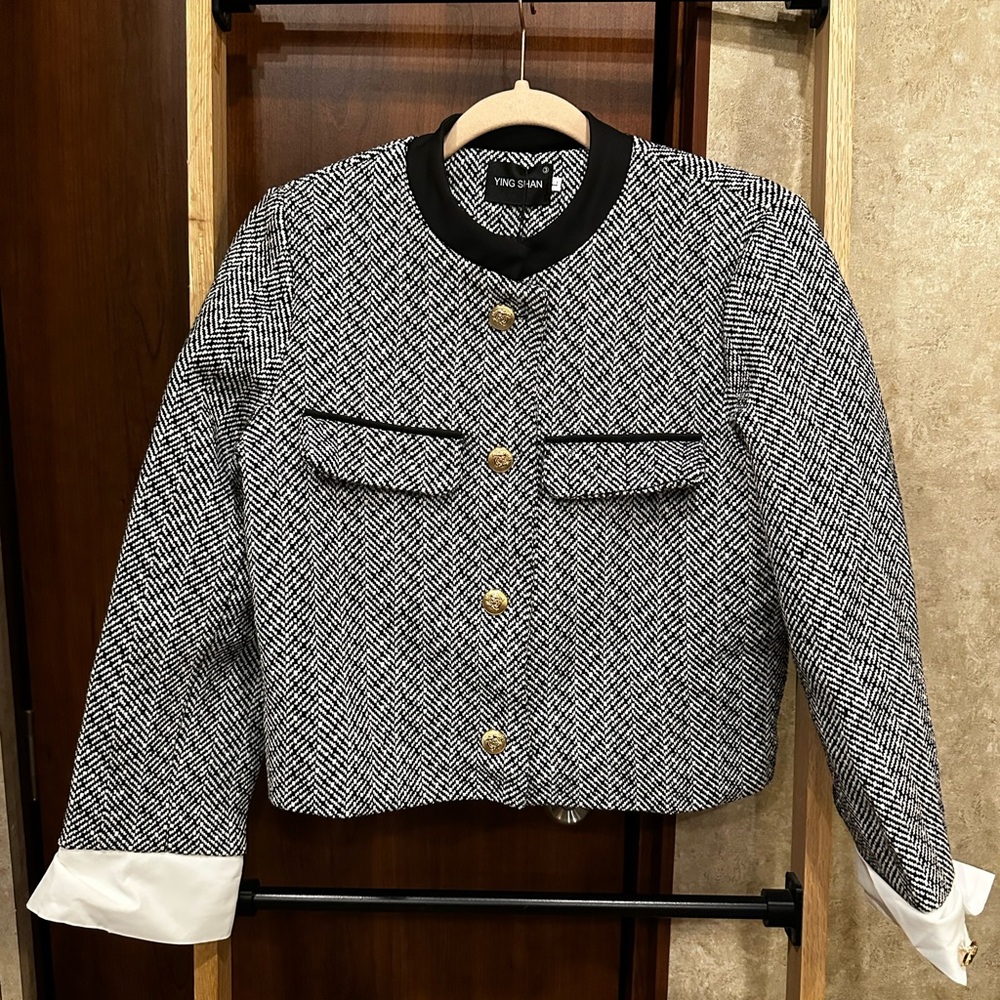 Black and White Herringbone Jacket with Gold Buttons | Women’s Medium